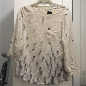 Patterned cream silk long sleeve shirt 8 Medium